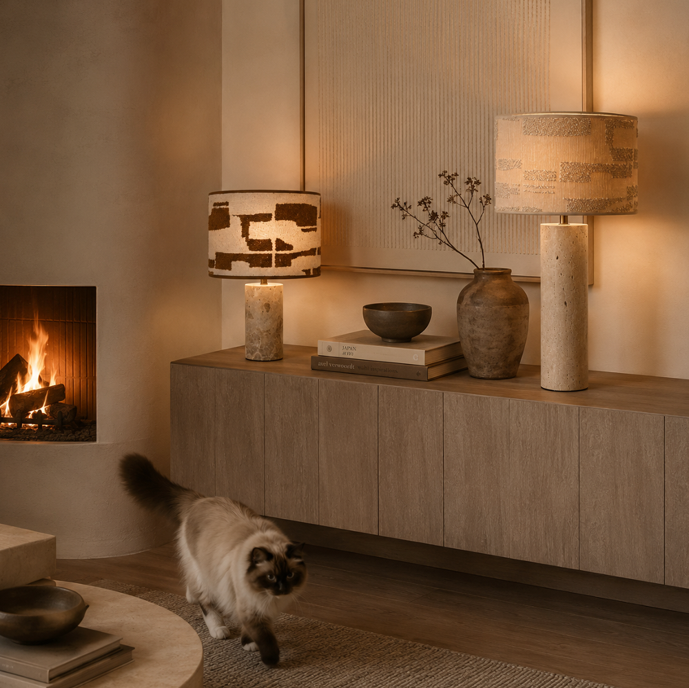 VDK Meridien Table Lamp Marble + Shade Woven Earth